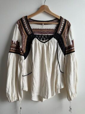 Free People embroidered bell sleeve peasant long sleeve blouse
